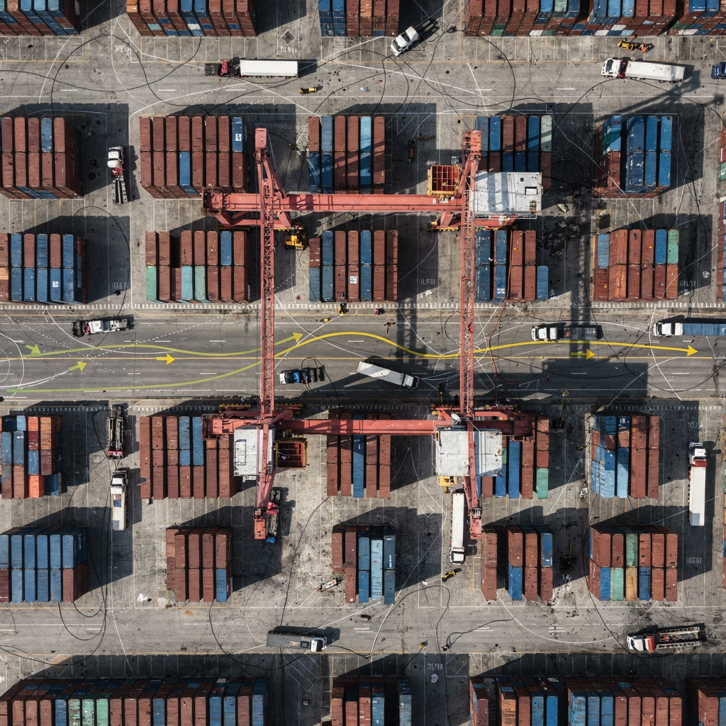 Top-down schematic of gantry crane operations at a container terminal showing trucks, stacks and optimized routing paths, no text
