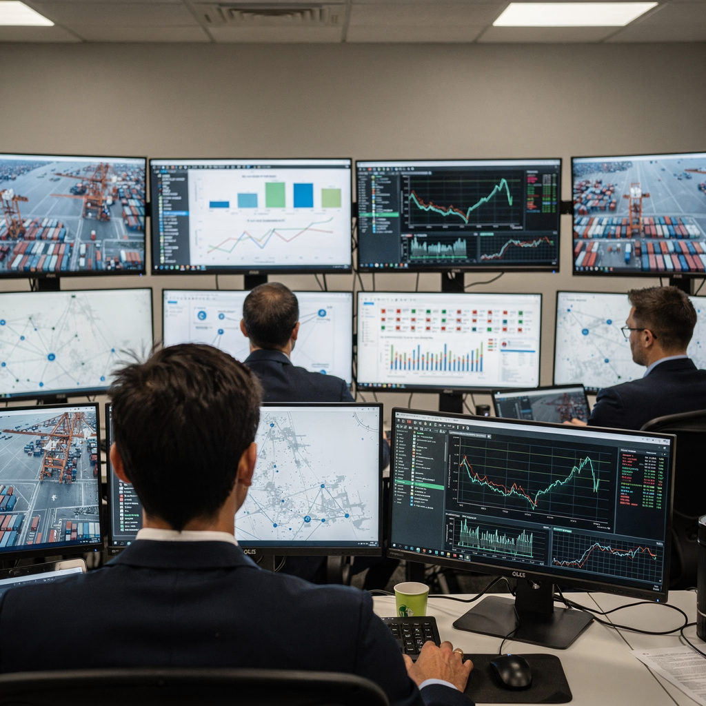 Security operations center monitoring terminal telemetry A control room with security analysts monitoring multiple screens showing network graphs, container terminal telemetry, and threat alerts; the room looks modern and collaborative (no text or numbers)