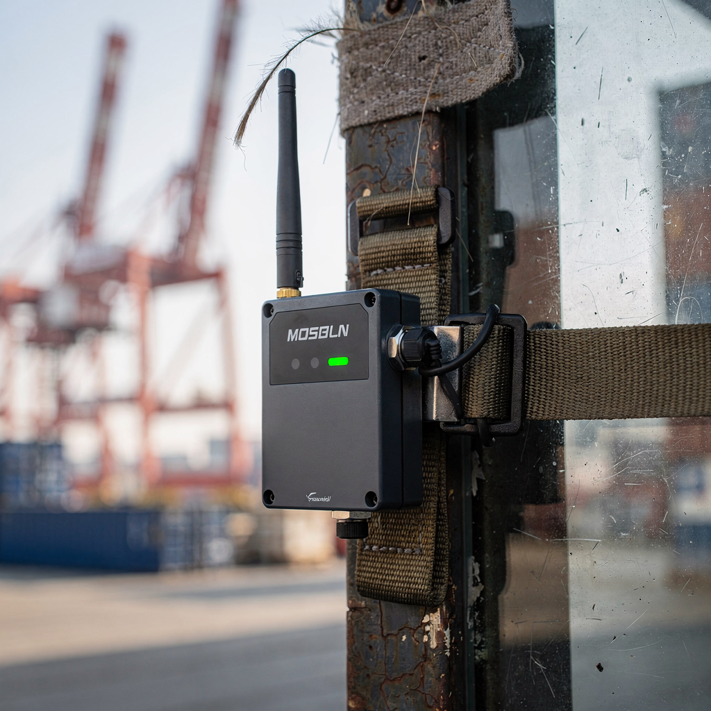 Sensor clamped to container lashing strap for live tension monitoring Close-up of an industrial sensor unit clamped to a lashing strap beside a container corner post, with a wireless antenna and LED indicator, blurred terminal cranes in background