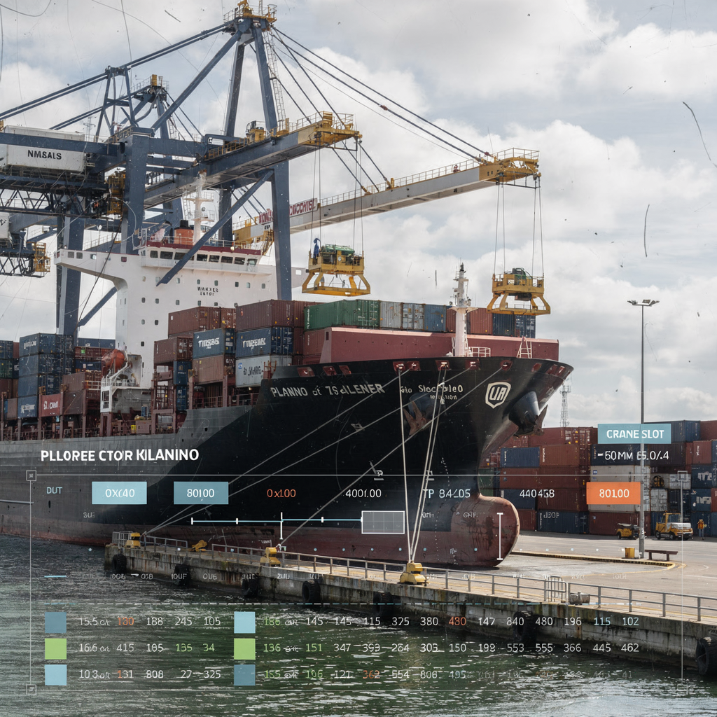 Close-up view of a ship at berth with quay cranes lifting containers, and a graphical overlay showing planned stowage slots and crane schedules