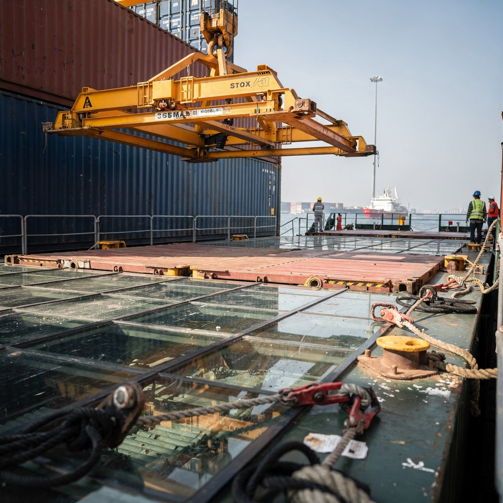 Close-up of a ship’s deck during loading showing crane spreader, containers being lifted into place, visible lashing gear and crew supervision, natural daylight, no text