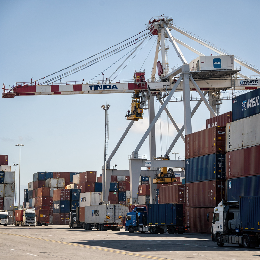 Ship-to-shore crane at container quay Close-up view of a ship-to-shore crane operating at a busy container quay with stacks of containers and trucks nearby, under clear blue sky