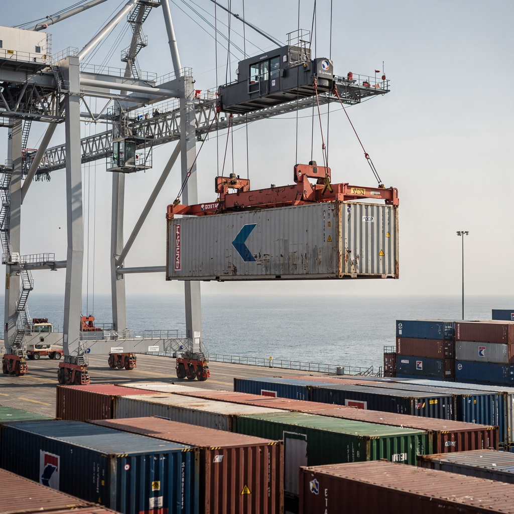 Close-up of a modern ship-to-shore crane lifting a shipping container with a calm sea and orderly yard in the background; no text