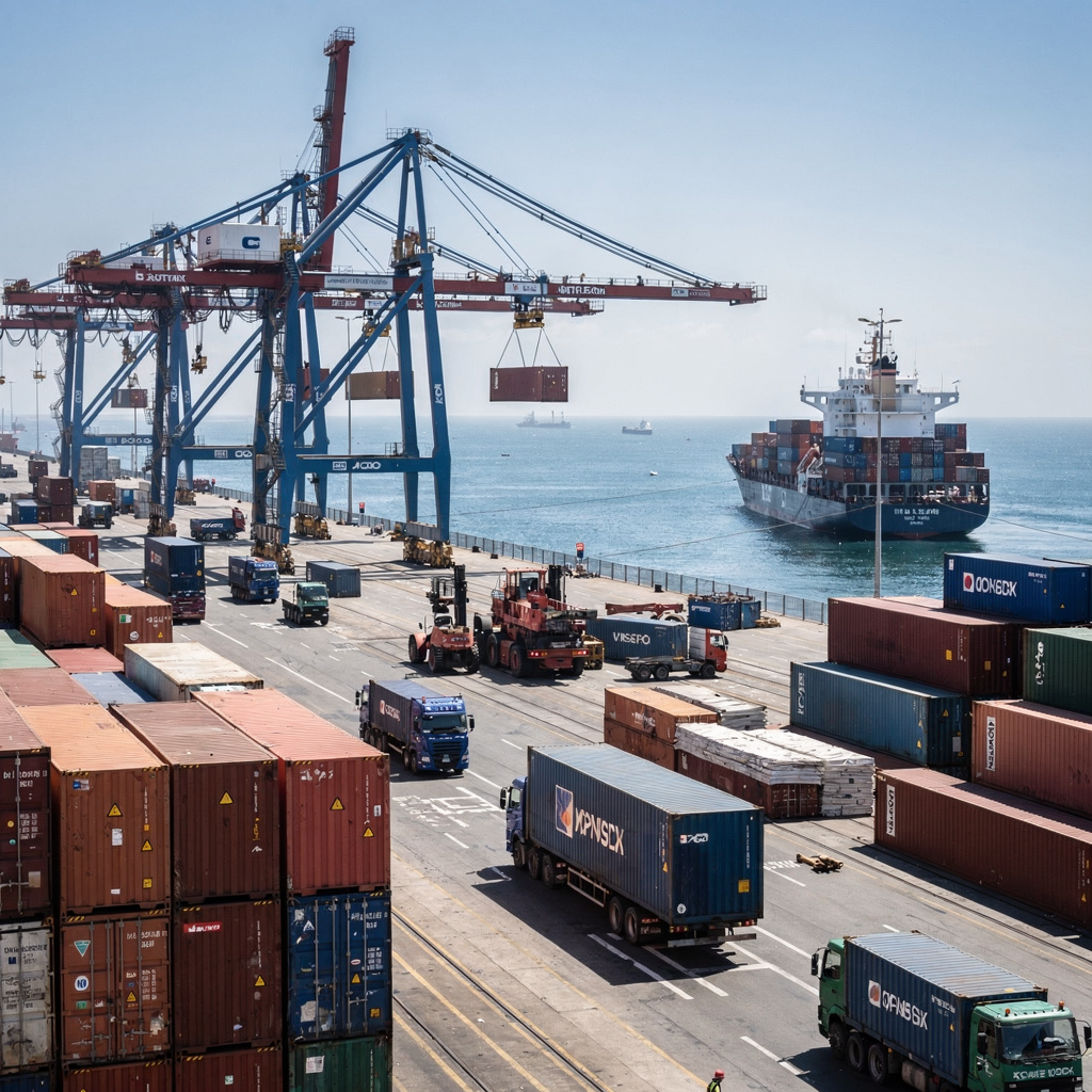 Shortsea container terminal operations with quay cranes and vessel alongside A busy shortsea container terminal at midday with cranes lifting containers, trucks moving containers on yard lanes, and a mid-sized vessel at the quay under clear sky, no text or numbers
