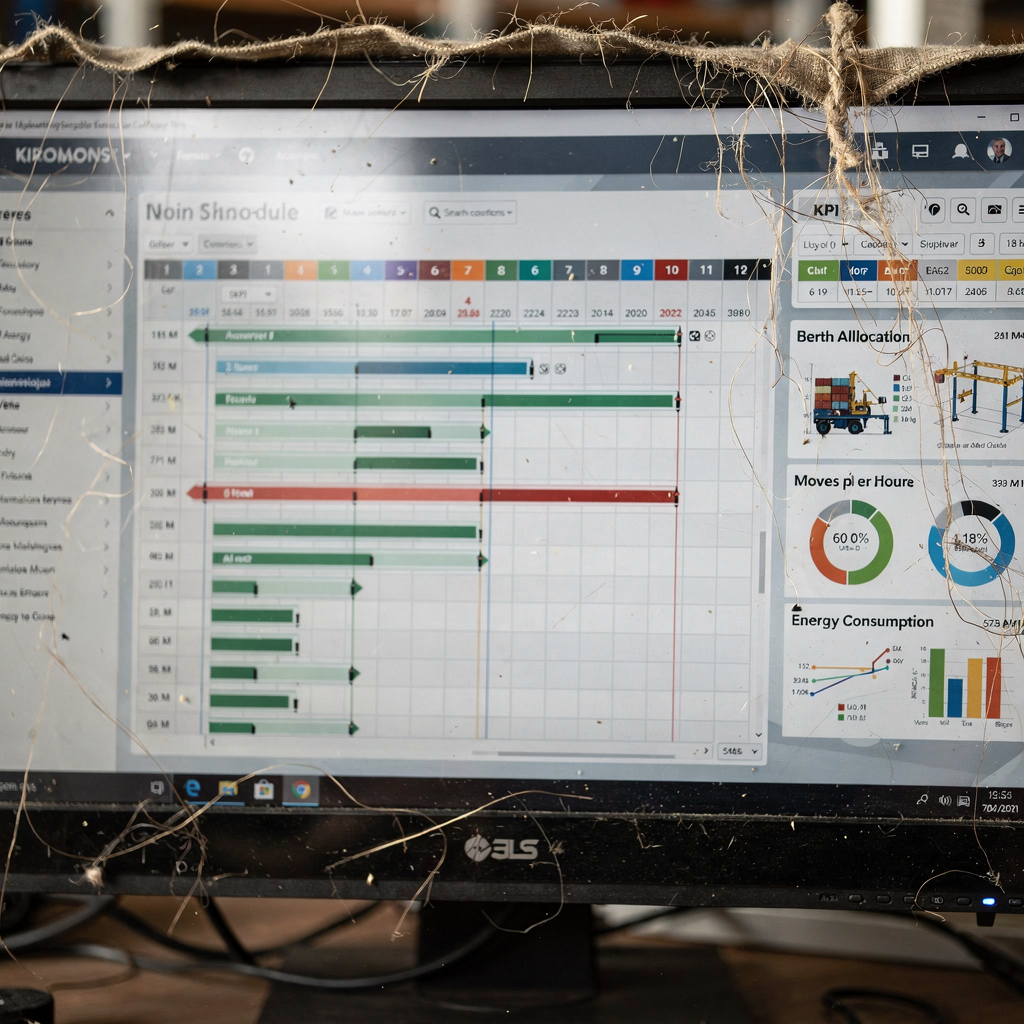 An engineering diagram style scene showing a simulation dashboard with gantt-like crane schedules, berth allocation panels and KPIs such as moves per hour and energy consumption, realistic interface elements but no text in the image