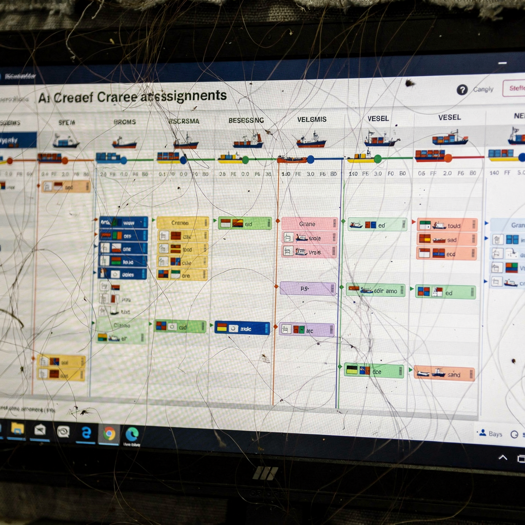 A simulation dashboard view showing a timeline of crane assignments and vessel bays with color-coded tasks, clear visuals and no text or numbers