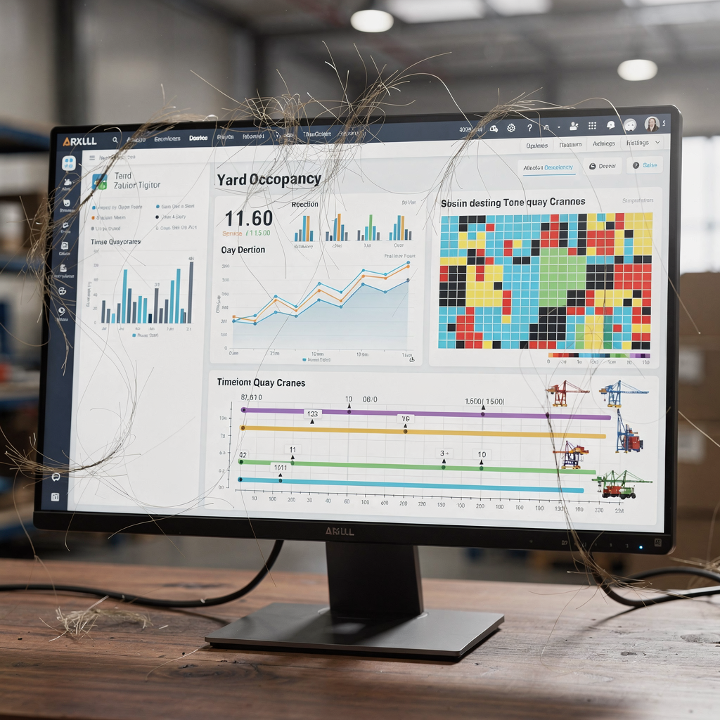 A detailed studio illustration of a simulation dashboard showing charts, heatmaps of yard occupancy, and timelines for quay cranes, rendered in a clean UI style; no text or real people visible