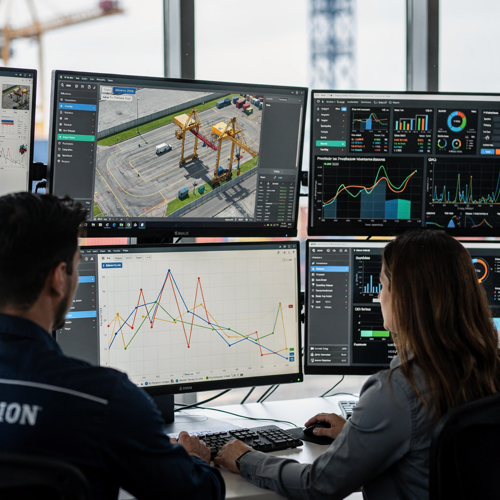 Close-up view of a smart port control room with multiple displays showing yard maps, crane positions, predictive maintenance graphs, and real-time operational dashboards, with technicians collaborating