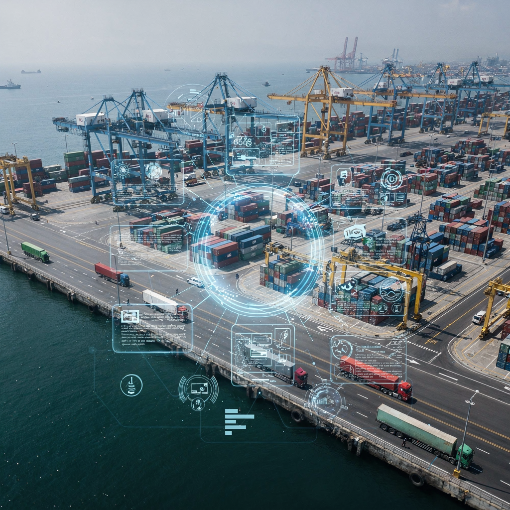Smart port with sensors and digital twin overlays A high-resolution aerial view of a smart port showing sensors on cranes, digital twin overlays, trucks entering terminal gates, and optimised container yard patterns