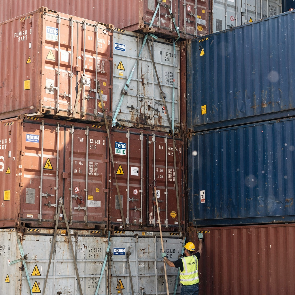 Stacked containers with lashing and cranes Illustration of stacked containers with lashing equipment and a crane operator coordinating safe loading, organized storage blocks and clear annotations of weight distribution (no text in image)