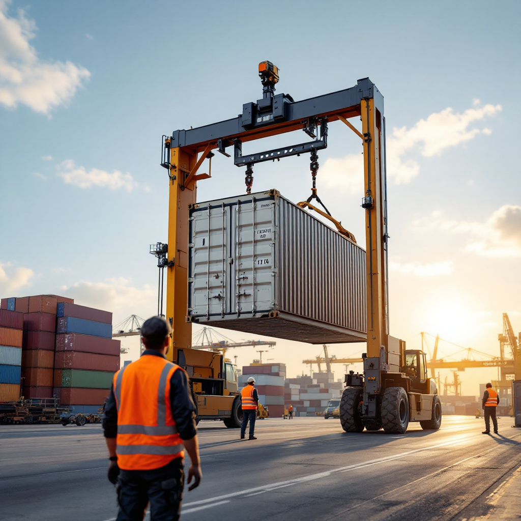 Straddle carrier lifting a container in a yard A modern straddle carrier lifting a standard shipping container in a busy container yard, clear sky, workers in high-visibility vests observing from a safe distance, cranes and stacked containers in the background
