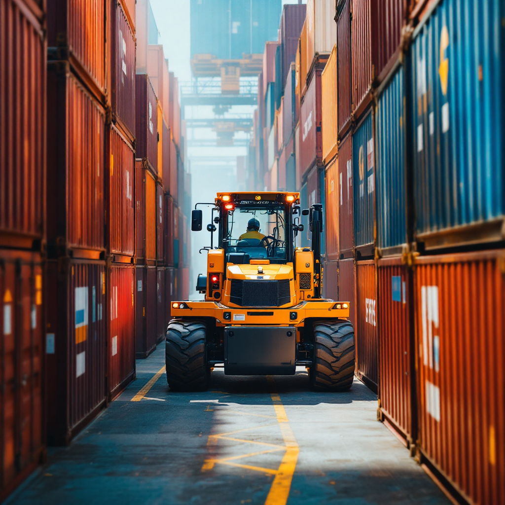 A close view of a straddle carrier operating between stacked containers in a busy yard with automated sensors visible on the machine, clear industrial setting, no text