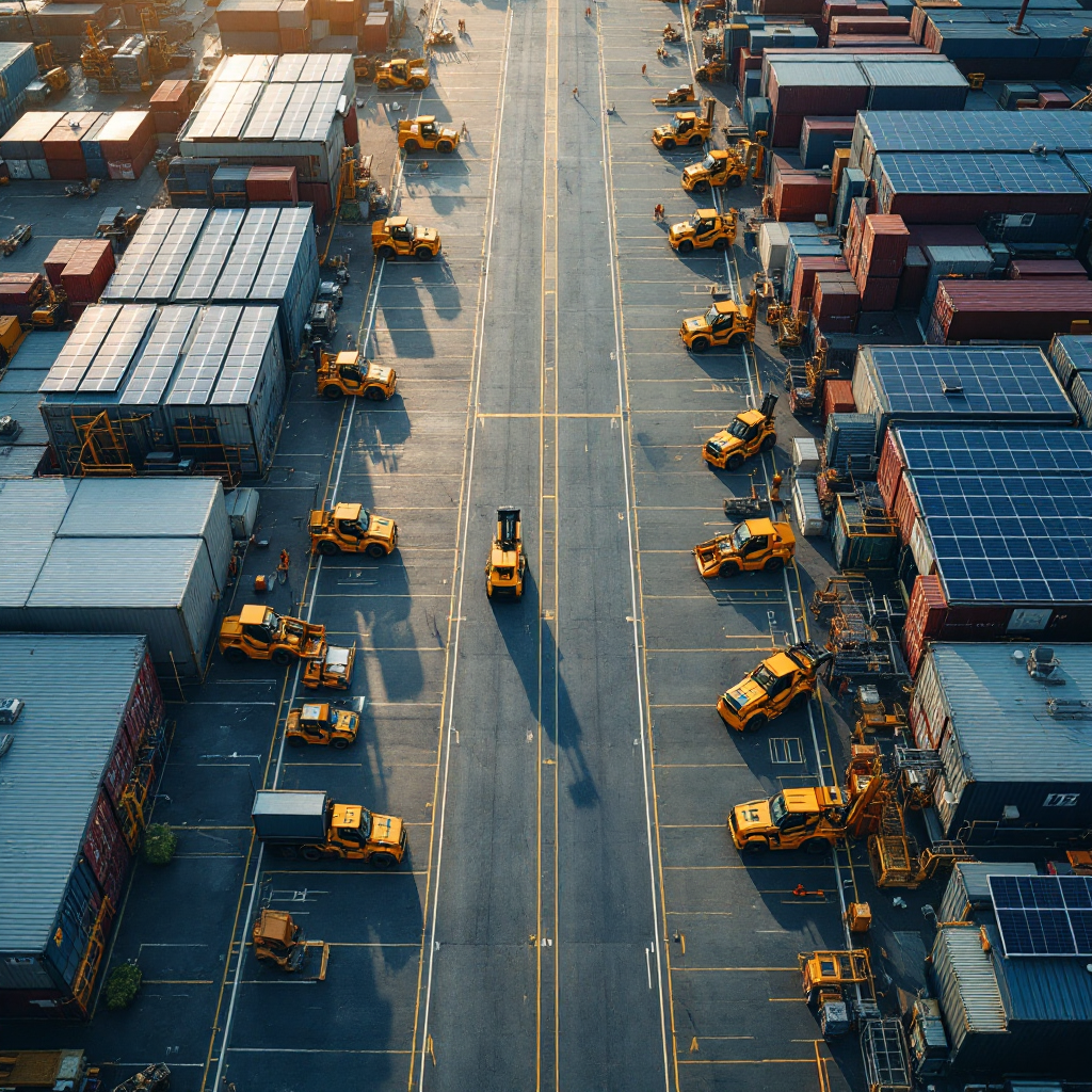 An aerial view of a container terminal showing electric yard tractors charging, solar panels on buildings, and a control center, no text