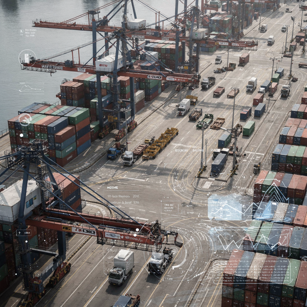 An overhead view of a busy container terminal showing synchronized cranes, yard trucks, and stacks of containers, with digital overlays suggesting scheduling and data flow
