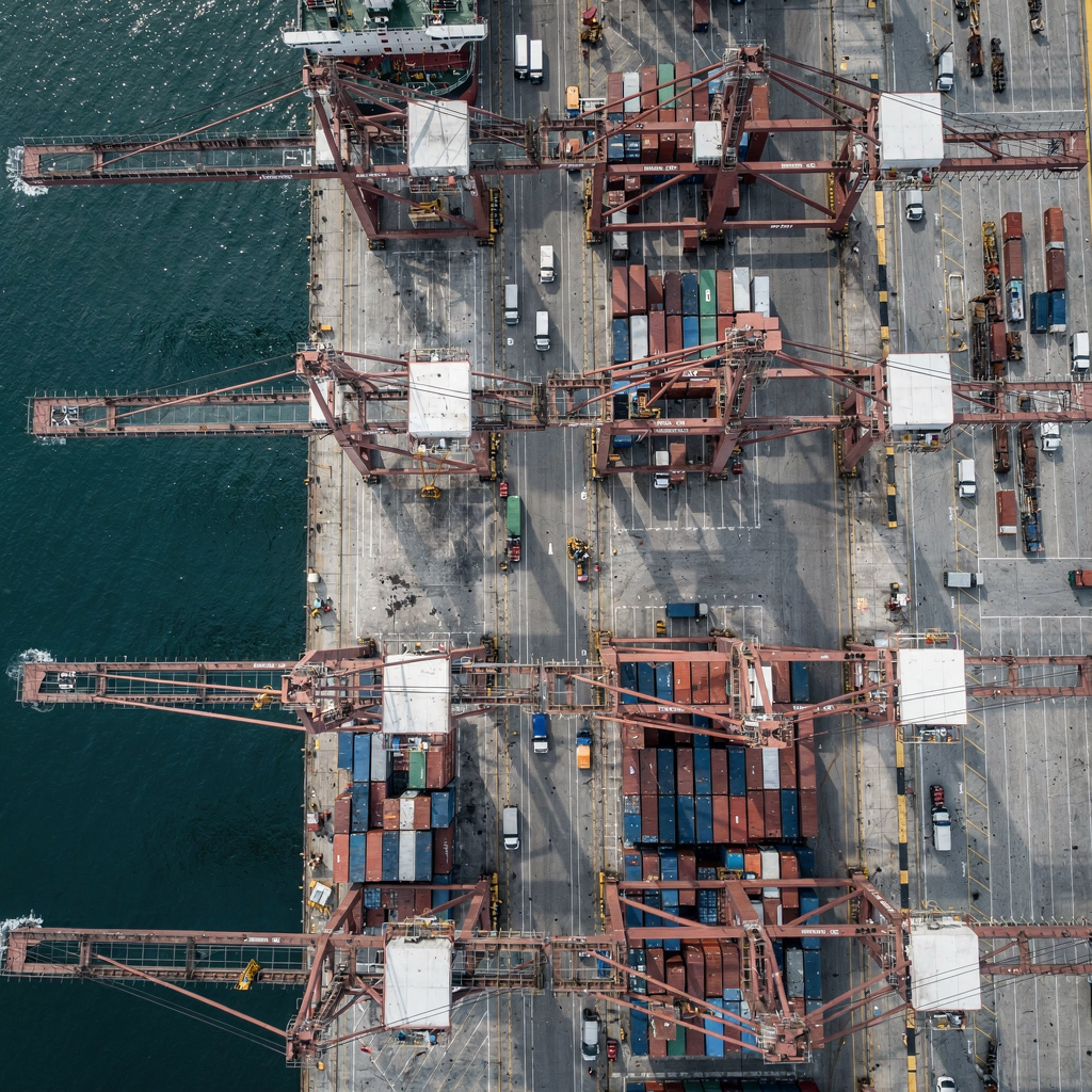 Synchronized quay cranes unloading a container vessel Top-down view of multiple quay cranes servicing a container vessel, with synchronized crane operations and visible truck movements in the yard, showing efficient crane deployment