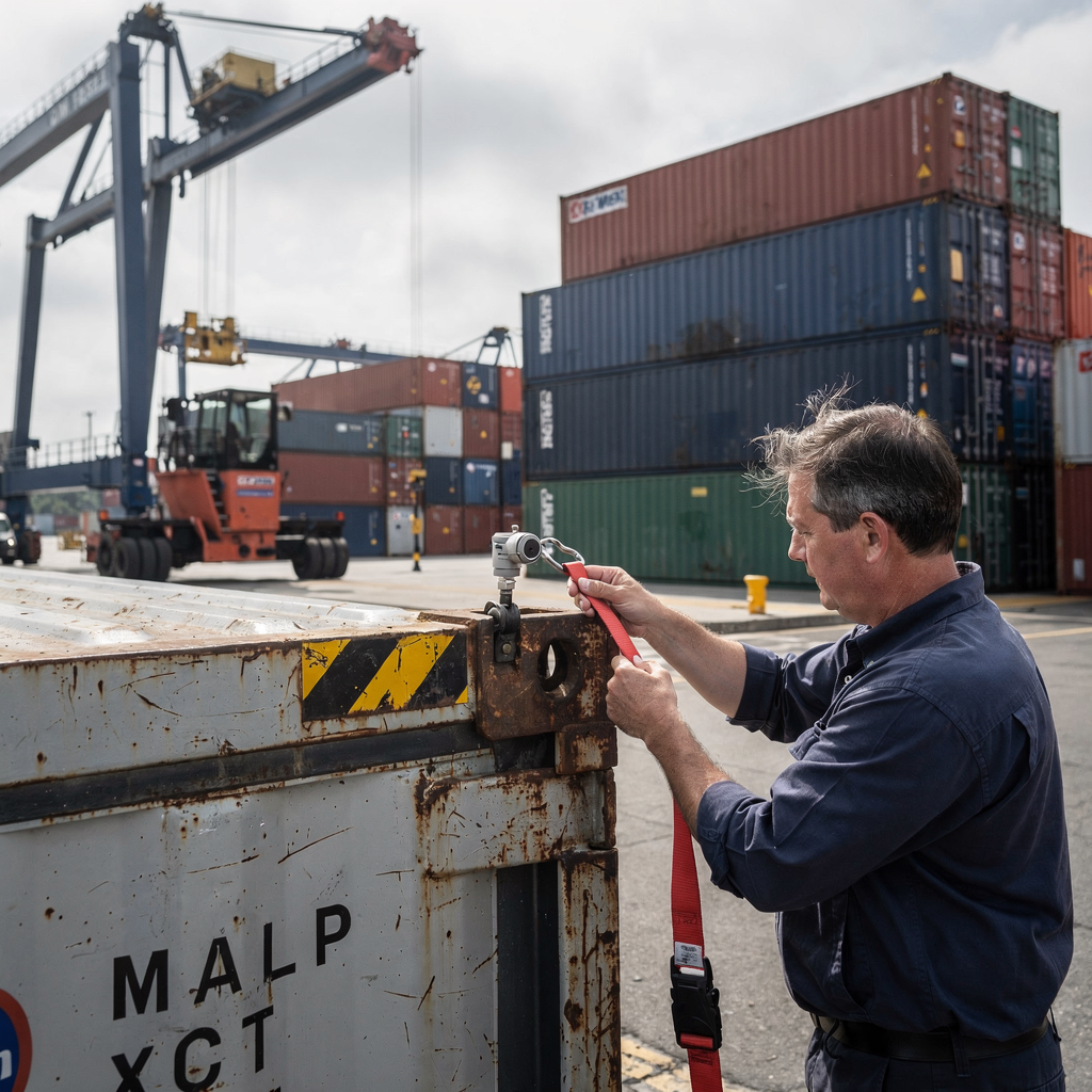 Technician inspecting sensor-equipped lashing in an inland terminal yard An inland terminal yard showing stacked metal shipping containers, cranes poised, and a technician inspecting a sensor-equipped lashing strap on a container corner post, overcast sky, clear detail