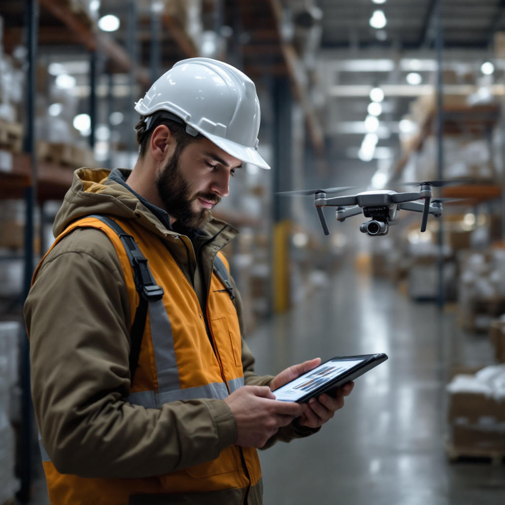 Technician labeling drone images on tablet Close-up photo of a field technician labeling images on a tablet while standing next to a drone, overcast light, no text