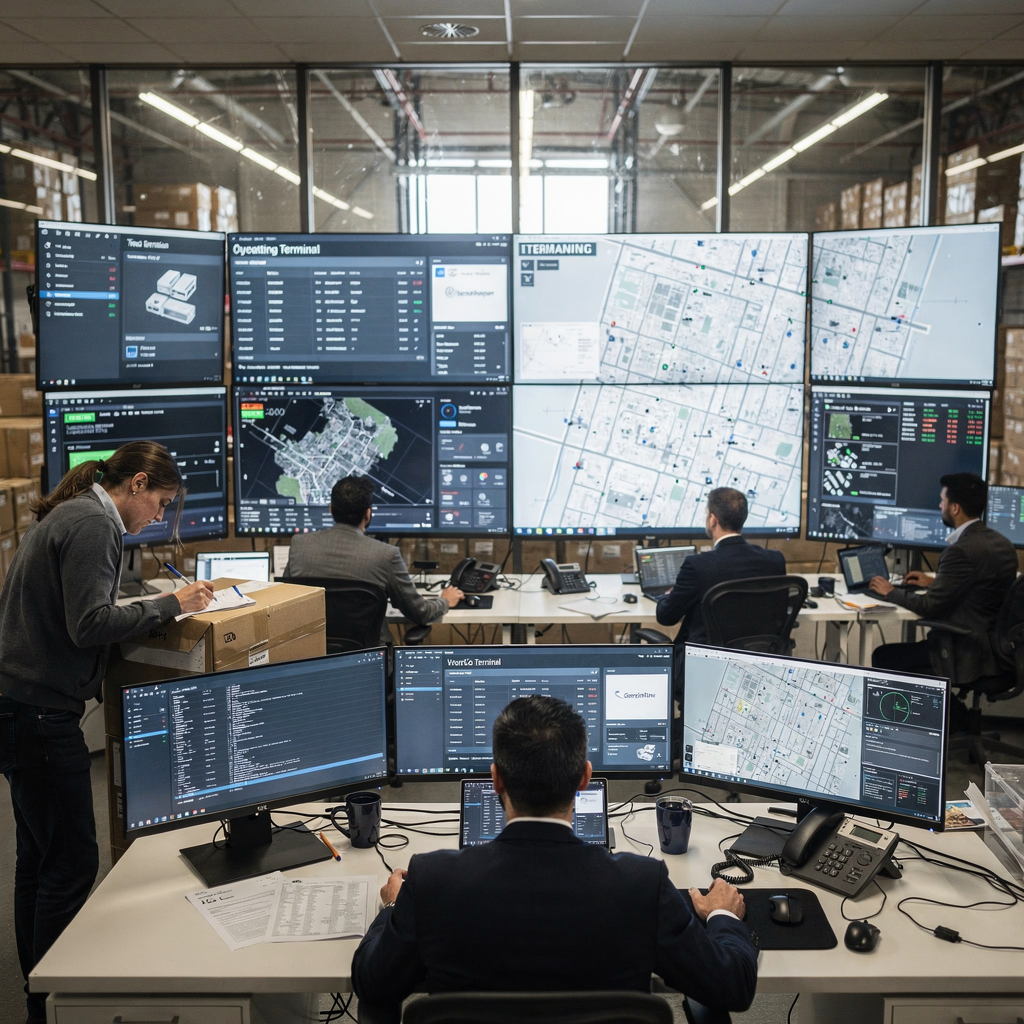 Control center room with large screens displaying terminal dashboards, maps, and equipment status, team members collaborating, no text