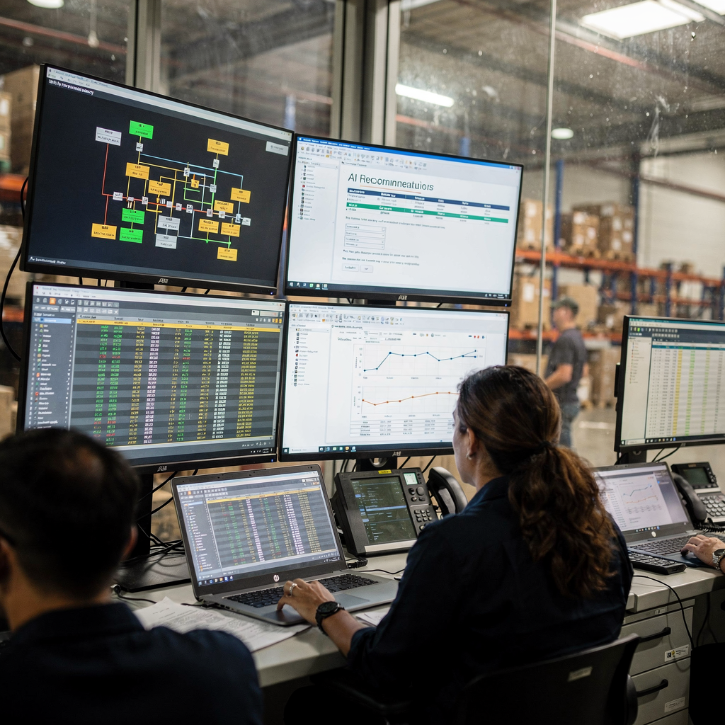 A control room showing operators working with large screens displaying terminal layouts, real-time schedules, and AI-driven recommendations, no text or numbers