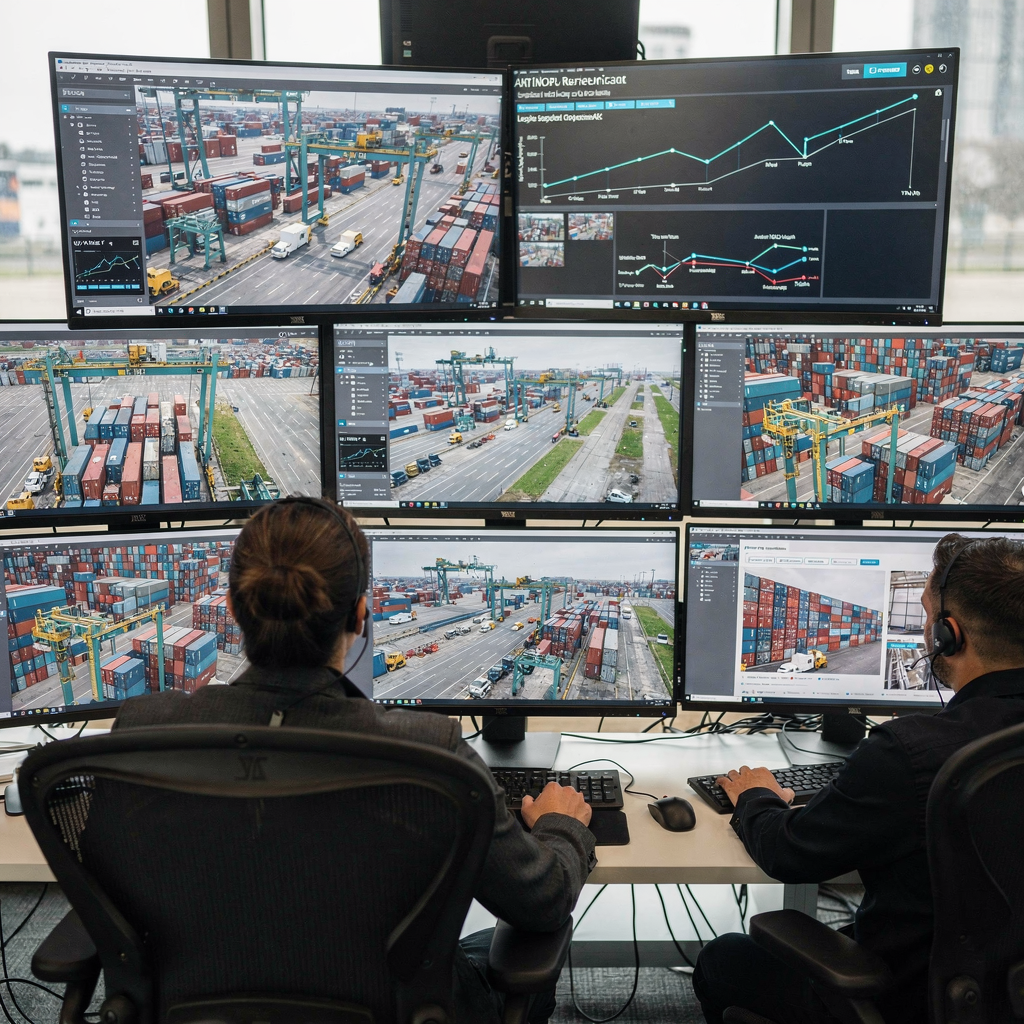 Interior view of a modern terminal control room showing operators monitoring AI dashboards, real-time yard maps, and automated stacking crane status; no text or numbers