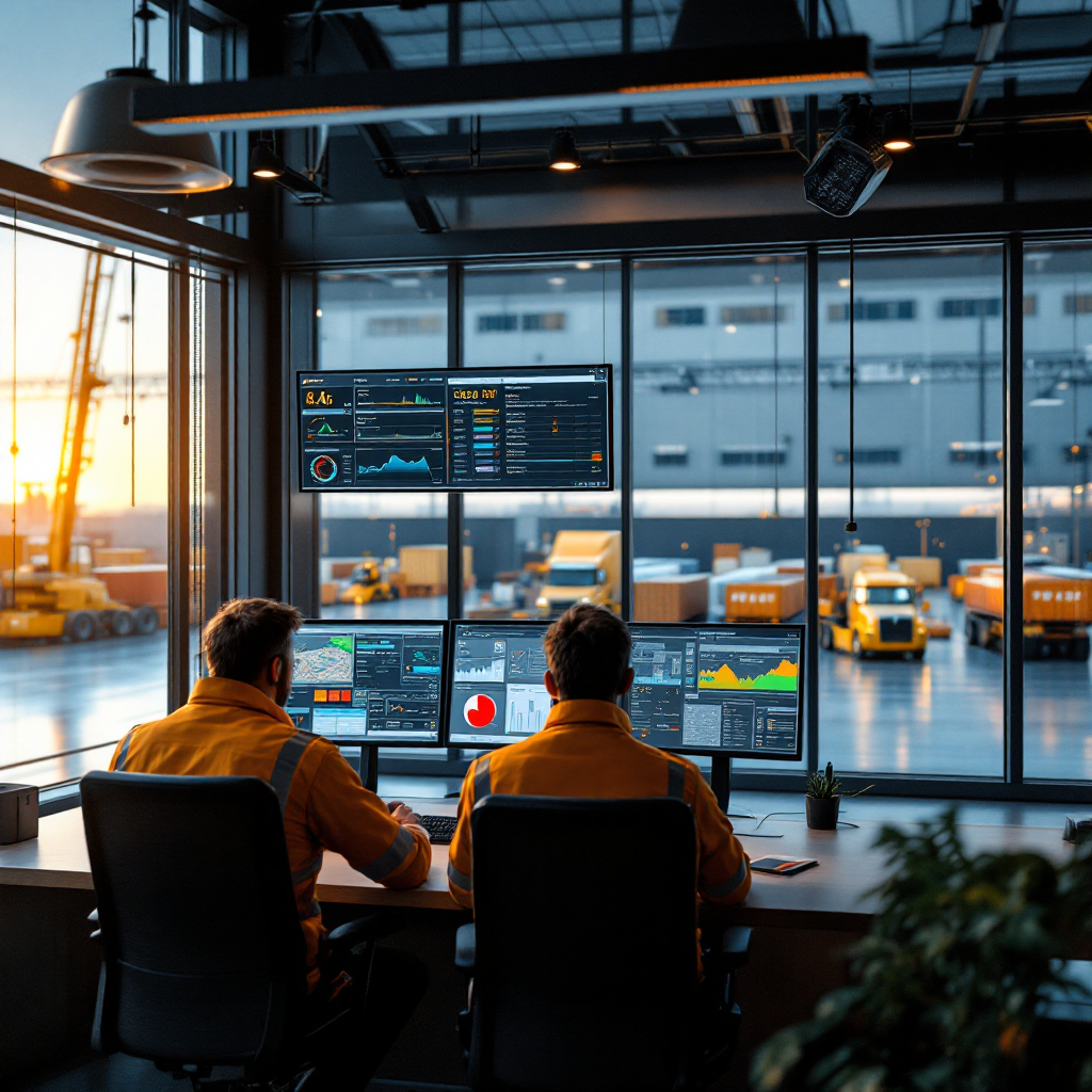 A terminal control room interior showing operators monitoring multiple screens with AI dashboards, predictive yard maps and equipment task lists, with large windows overlooking the yard, no text