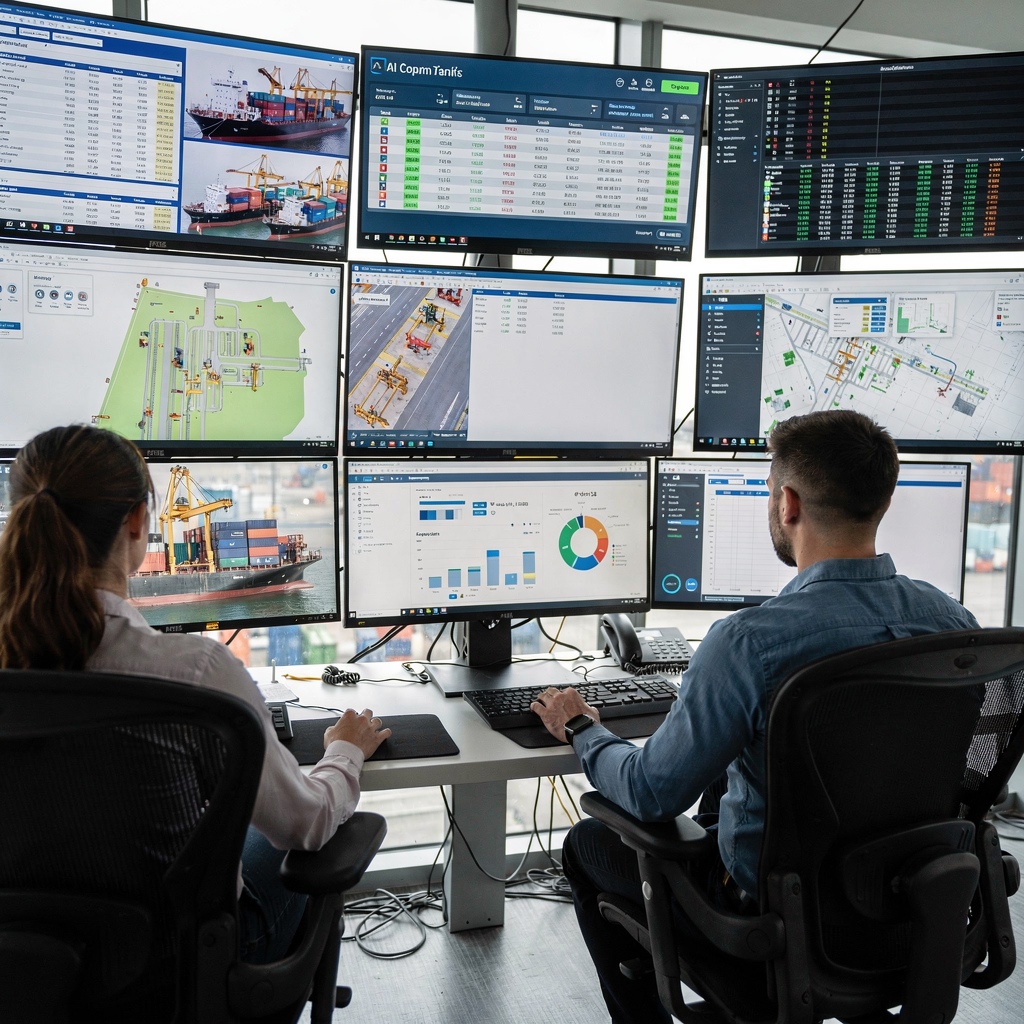 Terminal control room with AI dashboards A modern container terminal control room with operators viewing multiple screens showing vessel schedules, yard maps, and AI dashboards, no text or logos