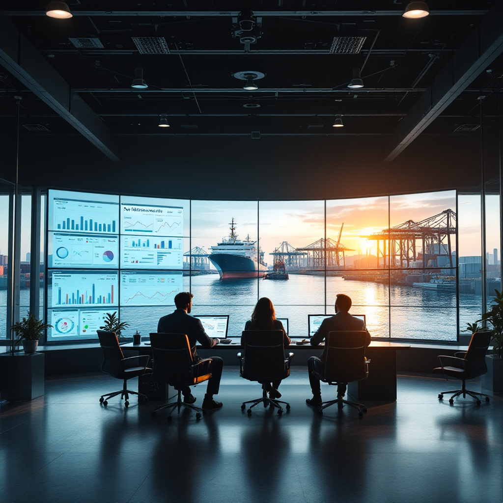 A modern control room inside a port terminal with multiple screens showing KPI dashboards, vessel berths, yard maps, and job queues, with a small team discussing strategy, well-lit interior, no text