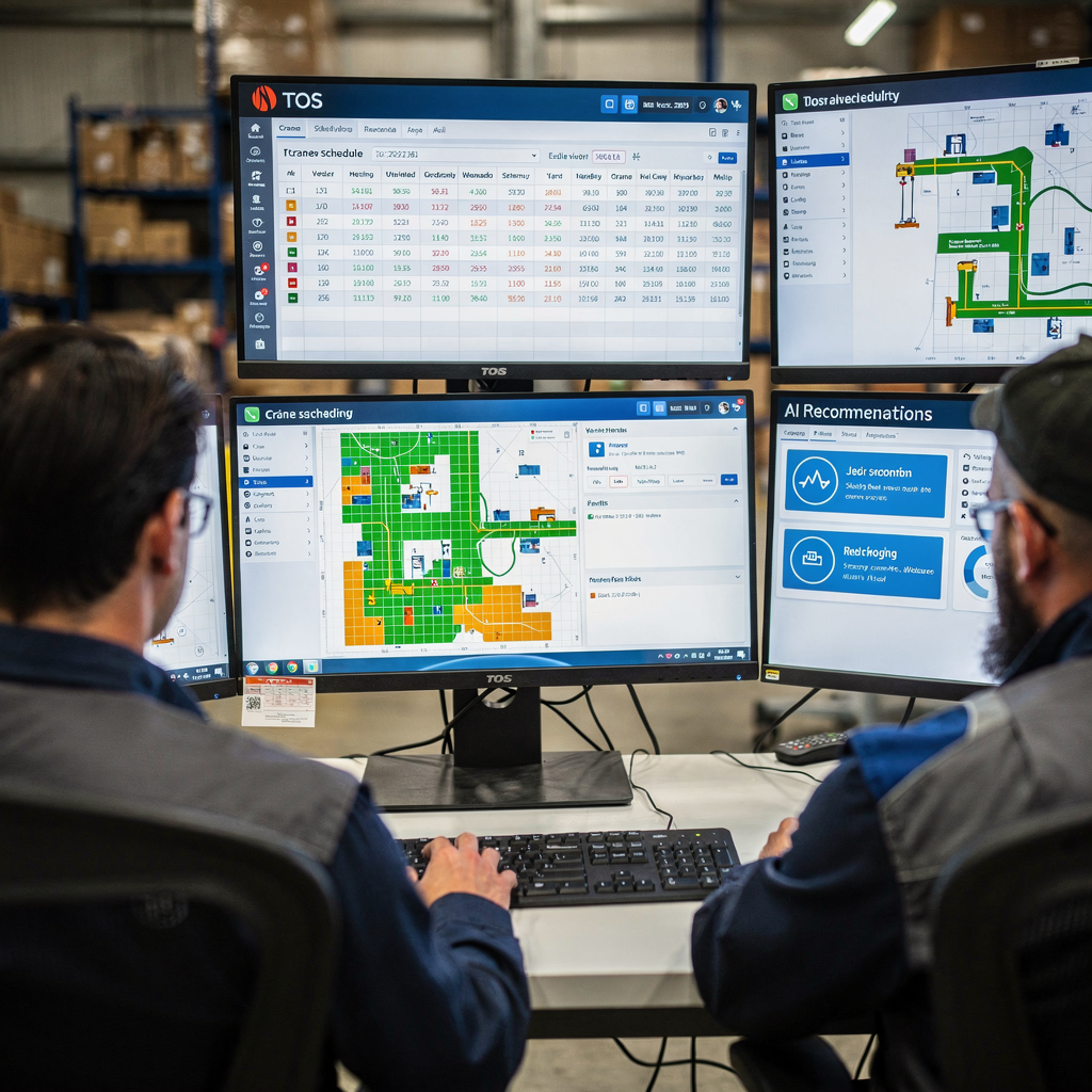 Terminal control room with TOS dashboard Close-up view of a control room showing a TOS dashboard with crane schedules, yard heatmap, and AI recommendations on screens, with operators monitoring