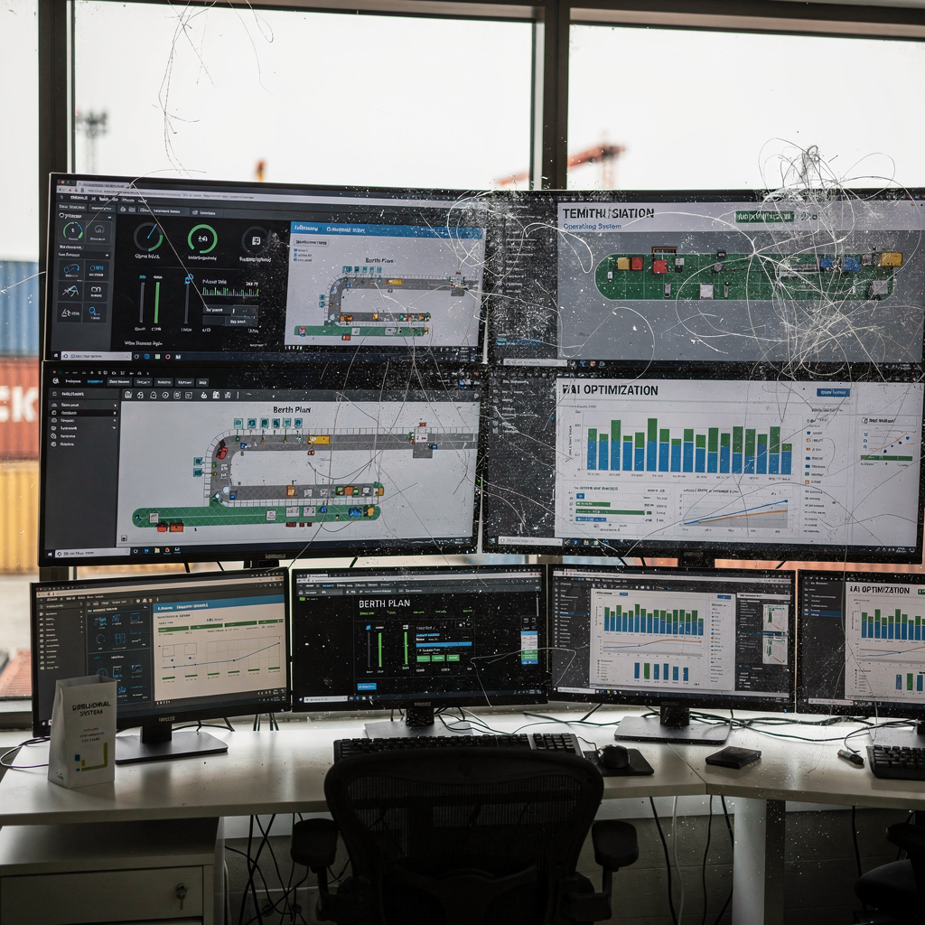 A control room with large screens showing terminal operating system dashboards, berth plans, and AI optimization graphs, no people visible