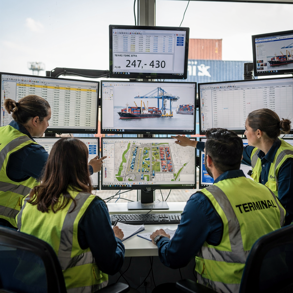 A team of terminal operators collaborating around a digital dashboard in a control room, with screens showing vessel schedules, truck ETAs, and yard maps, no text or numbers