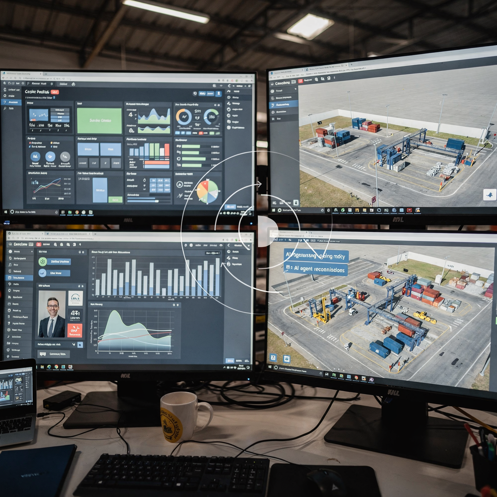 Terminal control room with dashboards and 3D yard visualization Close-up of terminal control room screens showing live data dashboards, 3D yard visualization, and AI agent recommendations overlay, no text or numbers