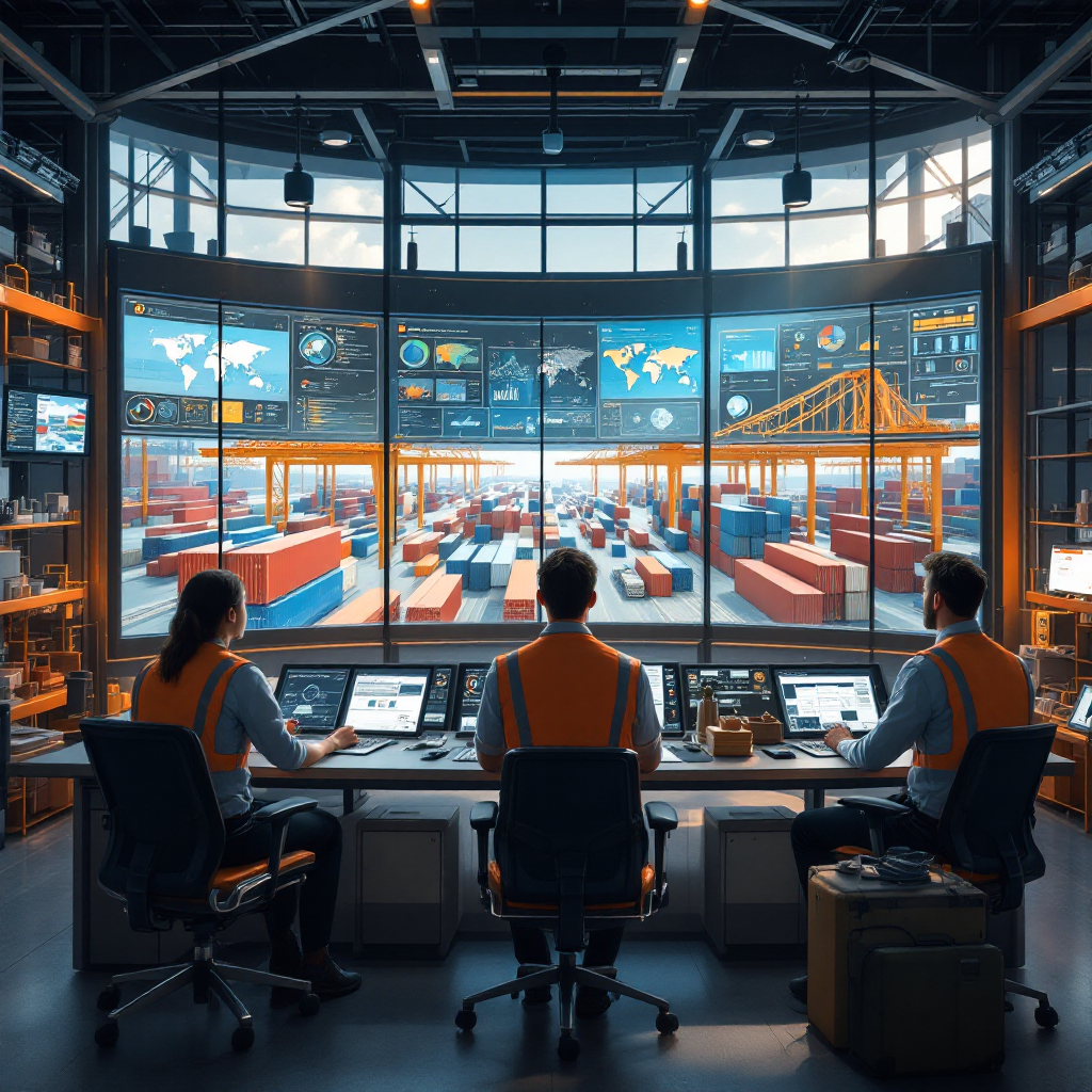 A futuristic illustration of a container terminal control room showing large screens with dashboards, AI models, and live yard camera feeds, with personnel collaborating