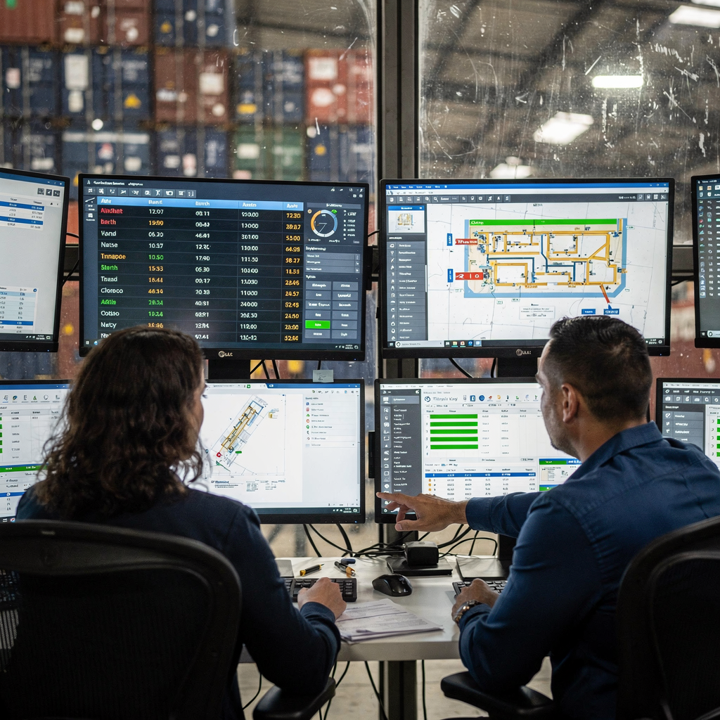 Terminal control room with digital dashboards Close-up view of terminal operations control room with digital dashboards showing berth schedules, yard maps and equipment status, with operators discussing plans