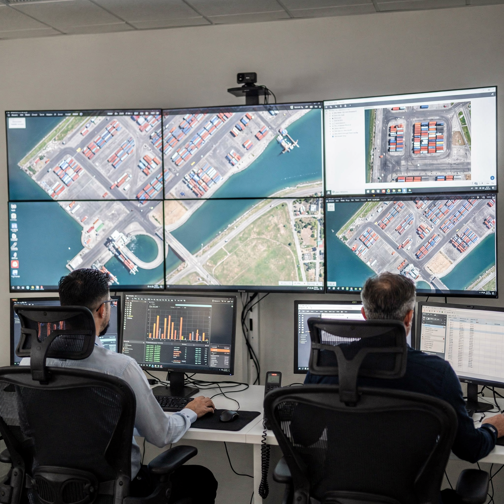 A clean modern control room showing operators monitoring digital dashboards, maps of a container port, and screens displaying yard layout, with no text or logos