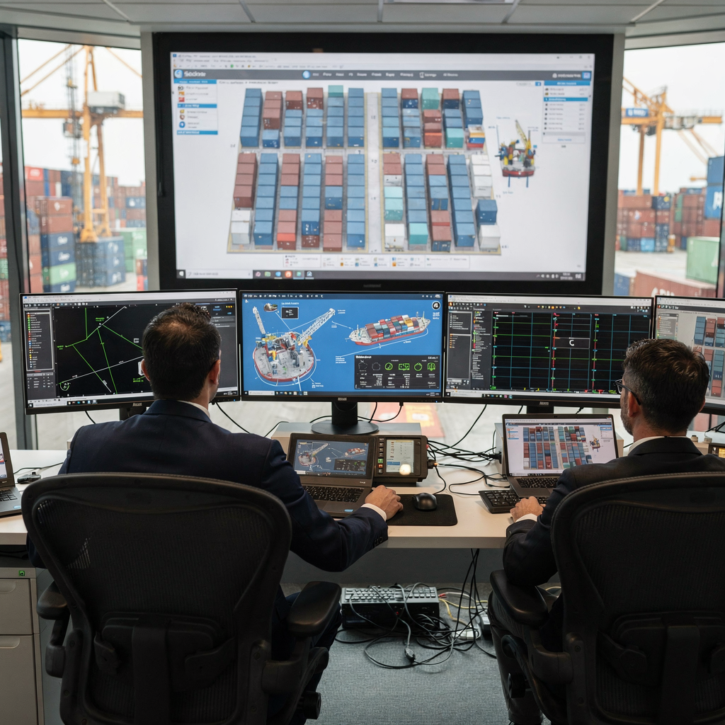 Terminal control room with digital twin and crane telemetry Interior view of a modern terminal control room with operators monitoring crane telemetry, digital twin screens, and a large display showing vessel stowage plans; no text
