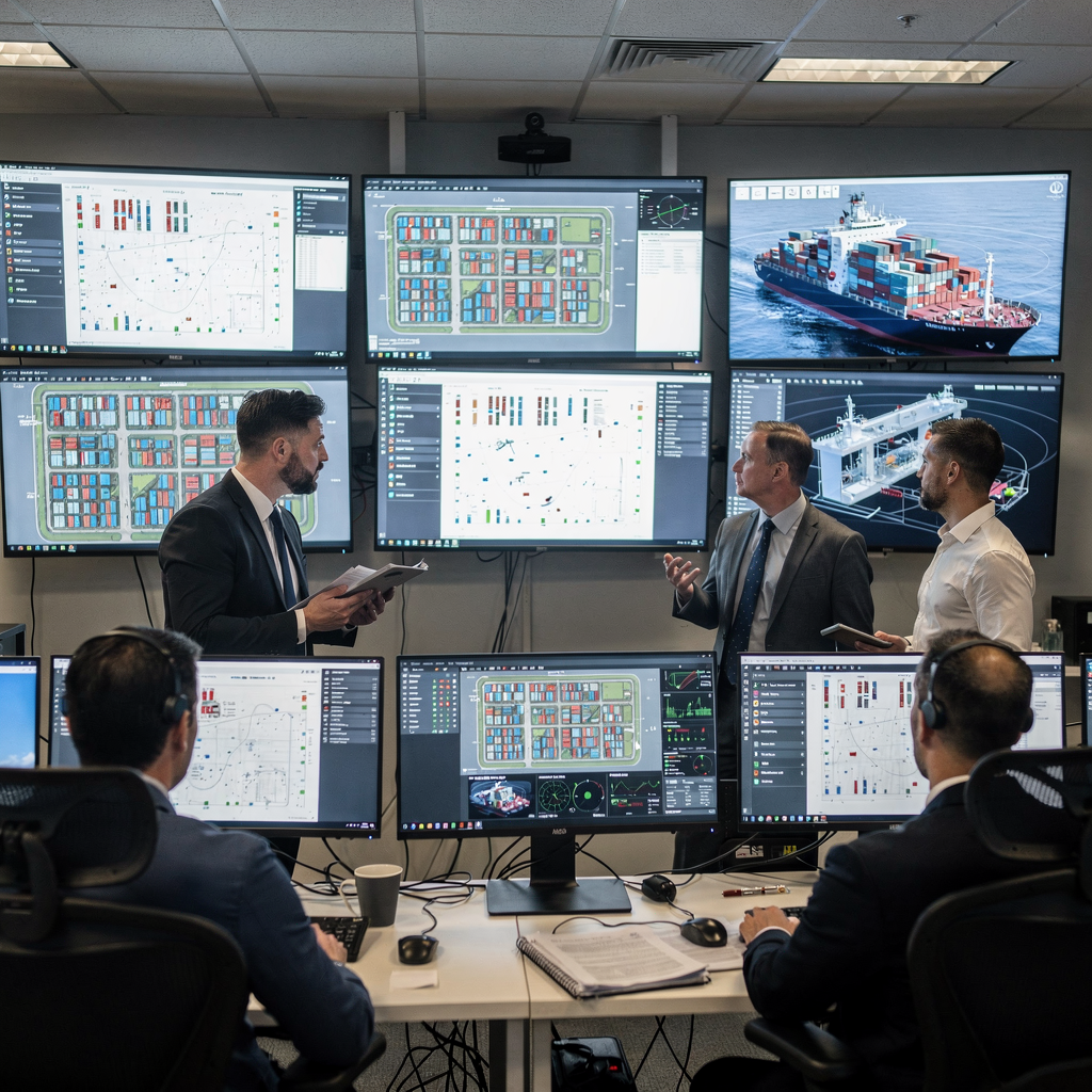 Terminal control room with digital twin and stowage visualizations A busy container terminal control room with screens showing yard maps, vessel stowage diagrams, and live telemetry; planners discussing plans with a digital twin visualization, calm daytime lighting
