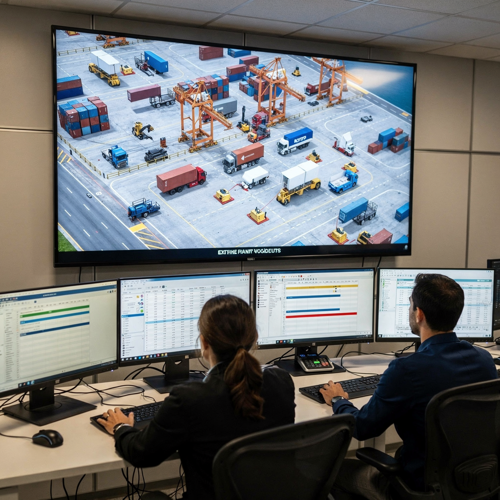 Terminal control room with digital twin display Operator control room showing a large screen with a digital twin map of containers, cranes, trucks and AGVs; staff are reviewing schedules in front of monitors. No text or numbers.