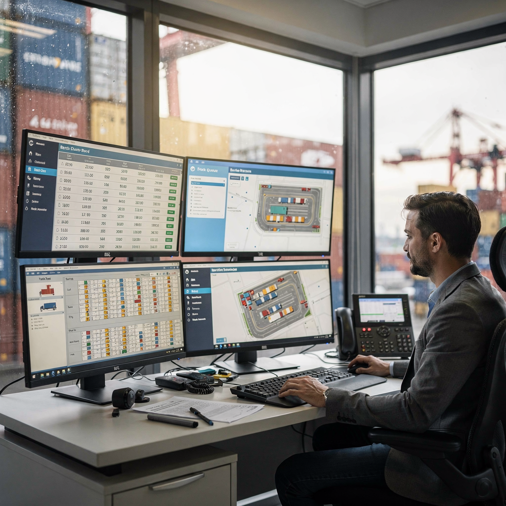 Terminal control room with integrated scheduling displays Illustration of an integrated terminal control room showing screens with berth schedules, yard maps, and truck queues, operators collaborating, modern UI elements visible