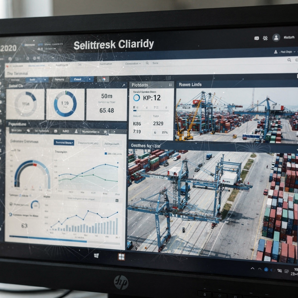 Close-up of a control room display showing real-time terminal dashboards, KPIs, and yard maps with cranes and container stacks