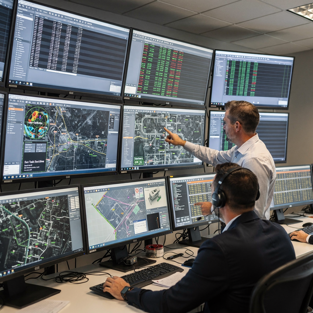 Terminal control room showing multiple large screens with live terminal maps, schedules, and equipment telemetry with operators discussing a plan