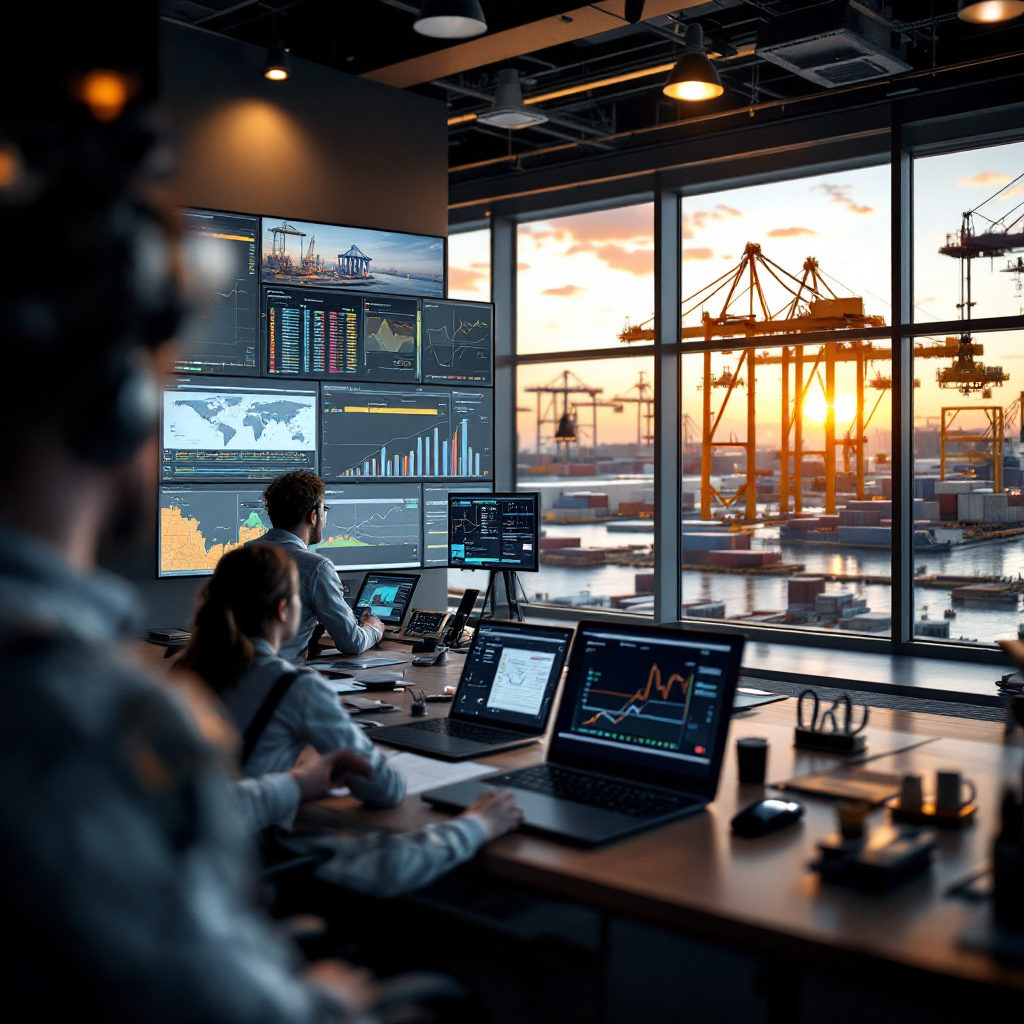 Close-up of a terminal control room with large screens showing live terminal data, yard maps, and crane positions, with operators discussing strategy
