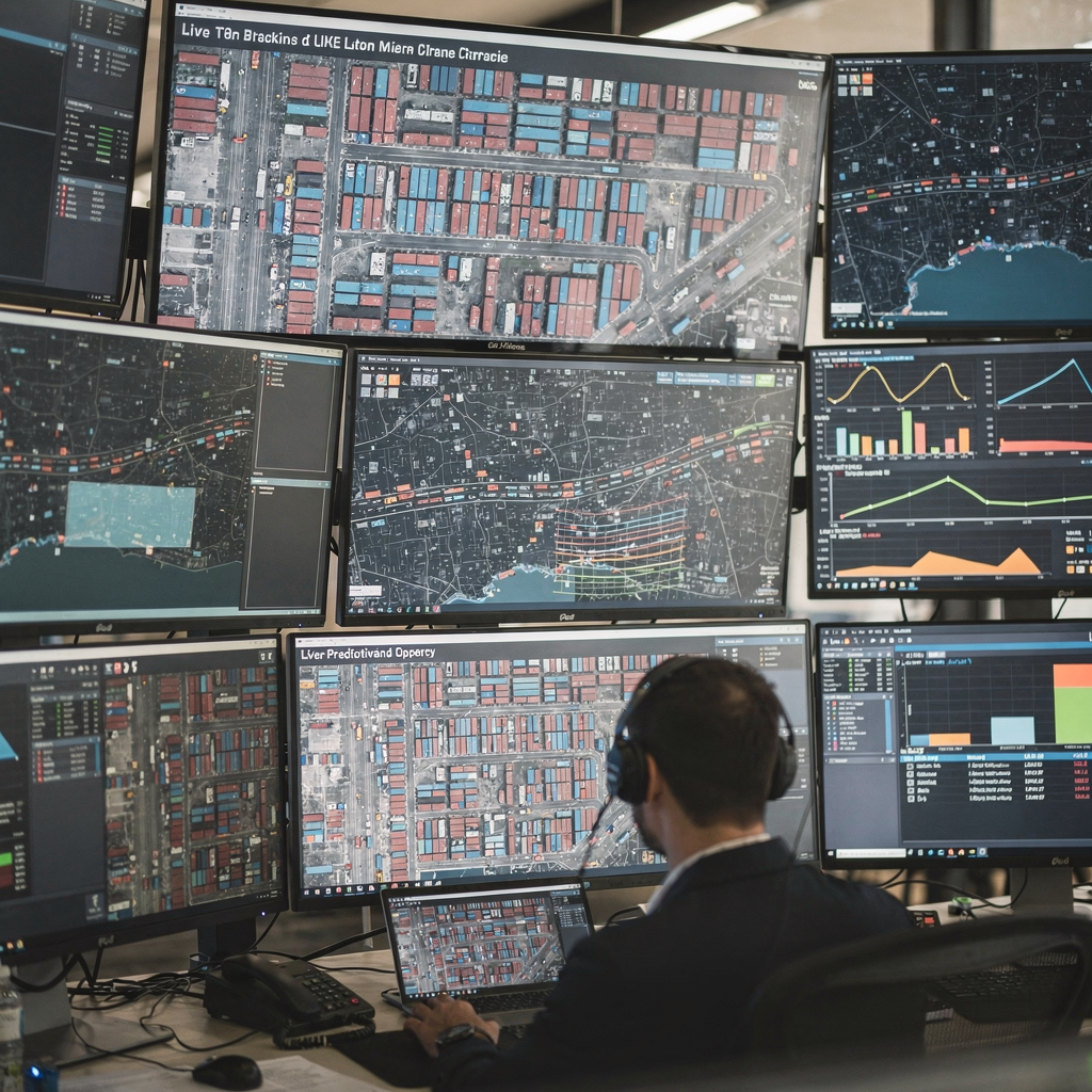 Close-up of a terminal operations control room with multiple monitors showing live container tracking maps, predictive occupancy graphs, and crane assignment overlays, no text or numbers in the image