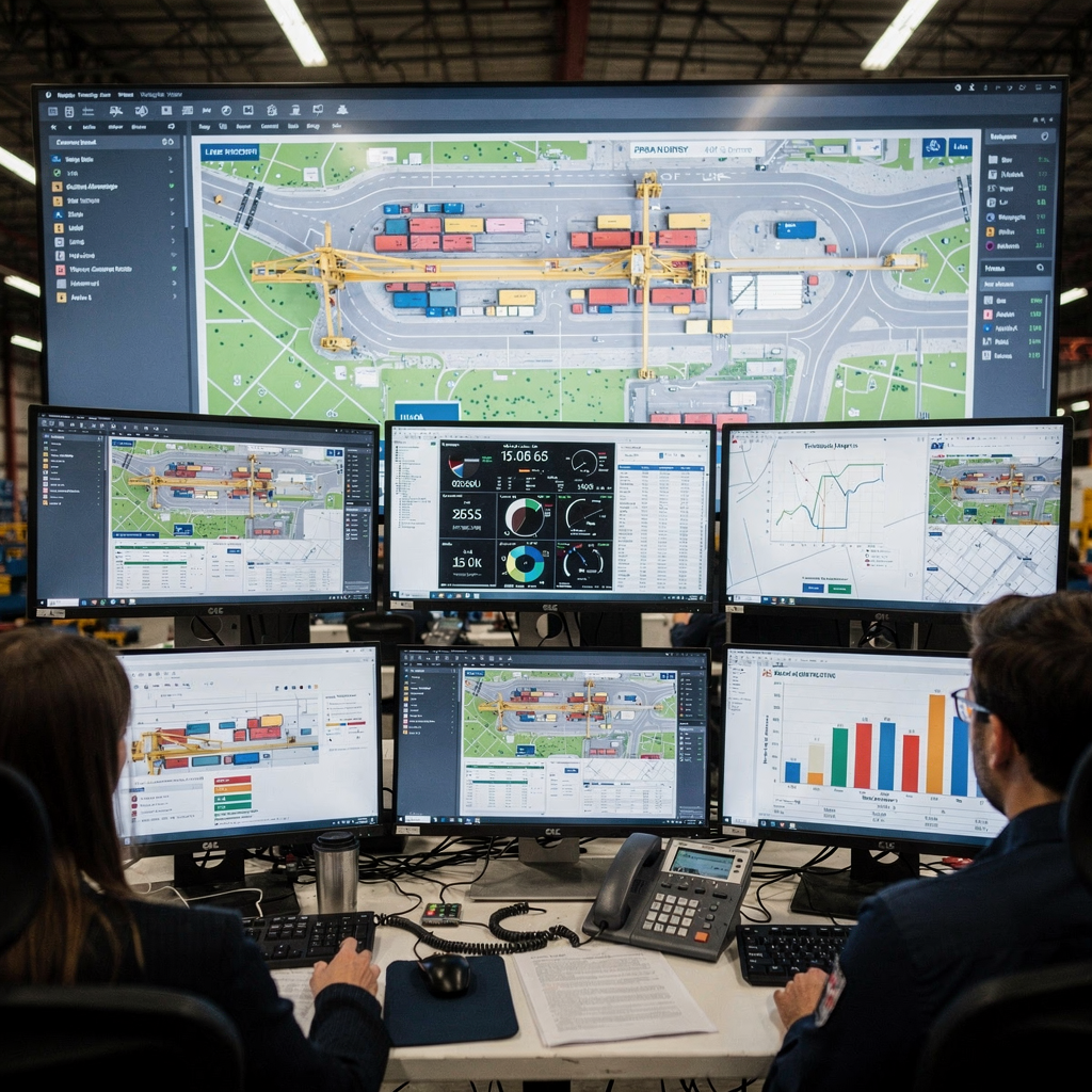 A high-resolution view of a terminal control room with operators monitoring a large dashboard showing yard maps, live crane positions, and performance metrics; no text or numbers