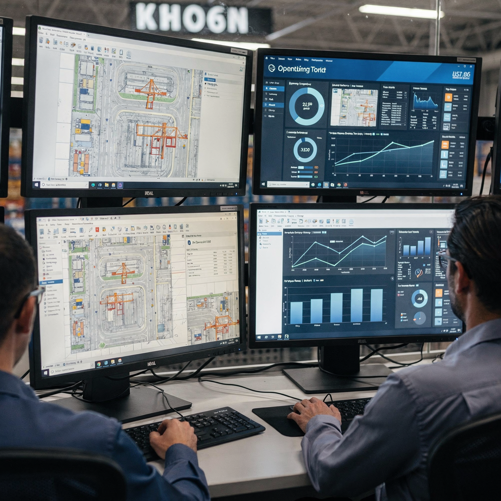 Close-up view of a terminal operations control room with operators monitoring screens that show yard layouts, crane positions and energy dashboards, no text or numbers