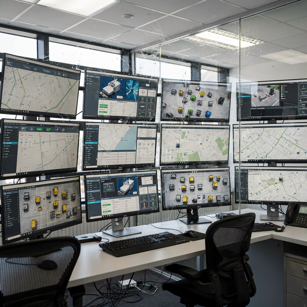A detailed interior view of a modern terminal control room with multiple screens showing dashboards, maps, and equipment locations, conveyed in a clean and technical style (no text or numbers)