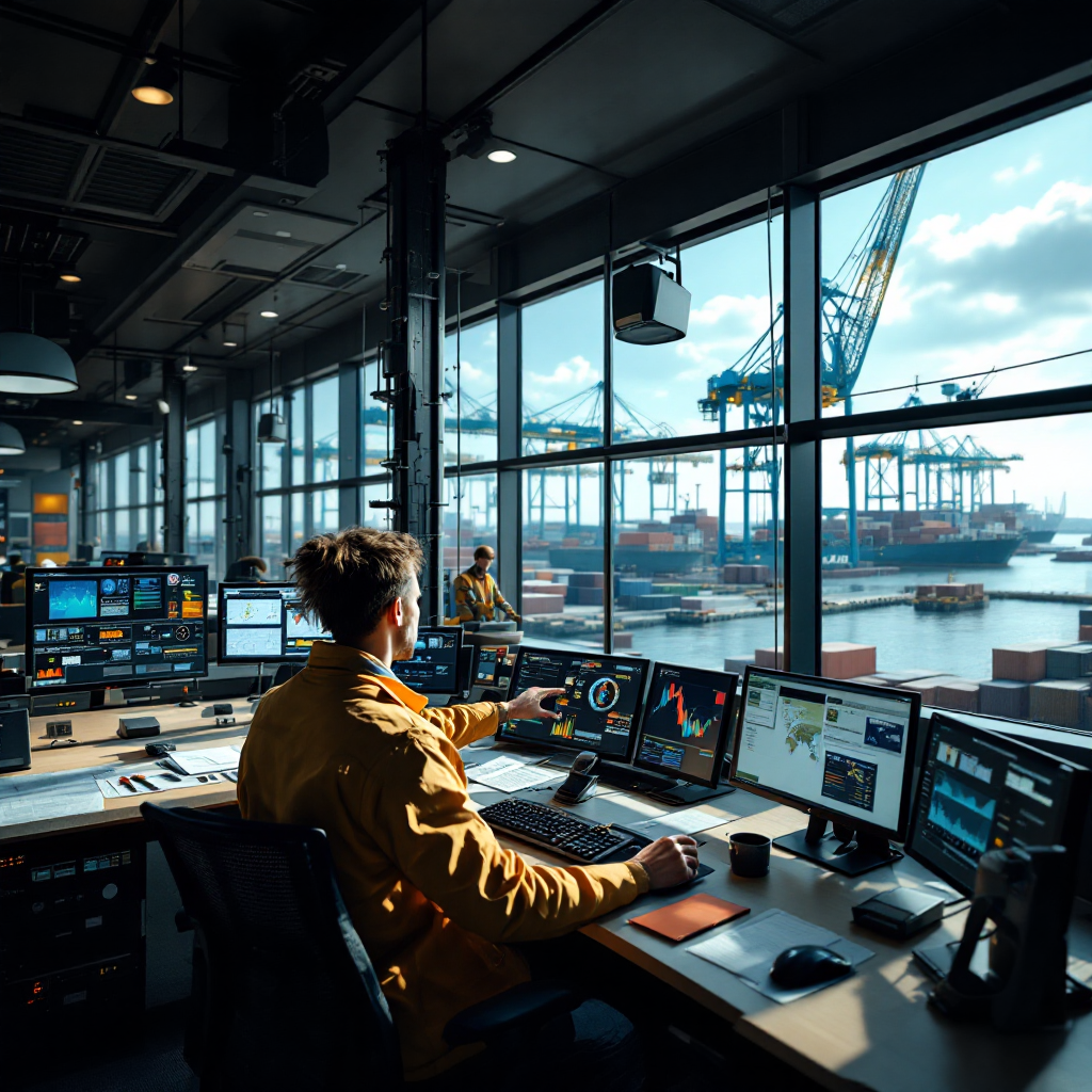 A busy container terminal control room showing multiple monitors with operational dashboards, cranes visible through windows, technicians collaborating, natural daylight