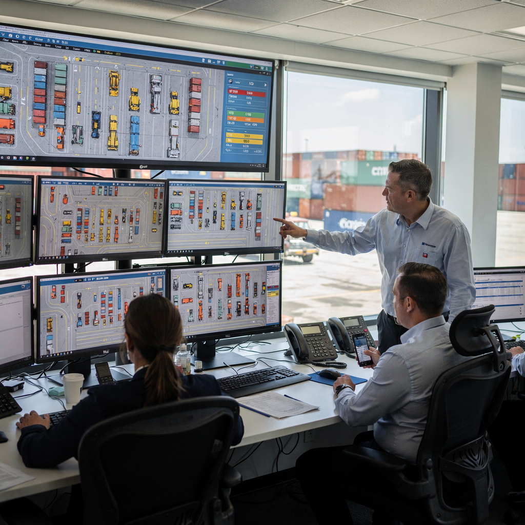 Terminal control room with operators and screens A busy container terminal control room with operators collaborating around large screens showing yard maps and equipment status, clear daylight, no text