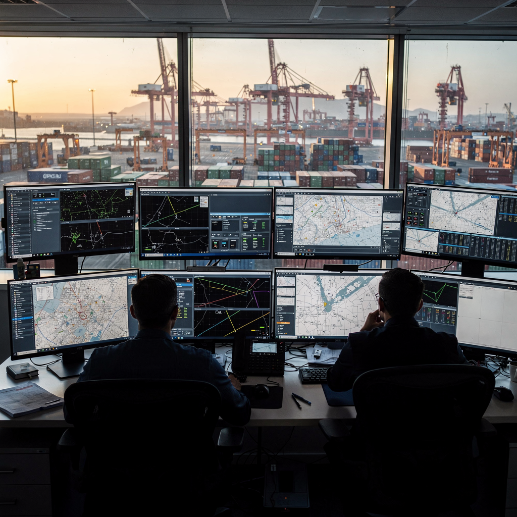 Terminal control room with planners and screens A busy port terminal control room showing multiple screens with short silhouettes of planners reviewing maps and charts, cranes and stacks visible through large windows, early morning light