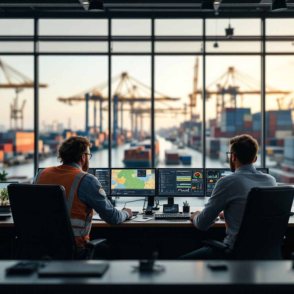 Terminal control room with real-time dashboards Terminal control room with large screens showing real-time container locations, crane status and traffic flows, operators interacting with dashboards, no text or numbers