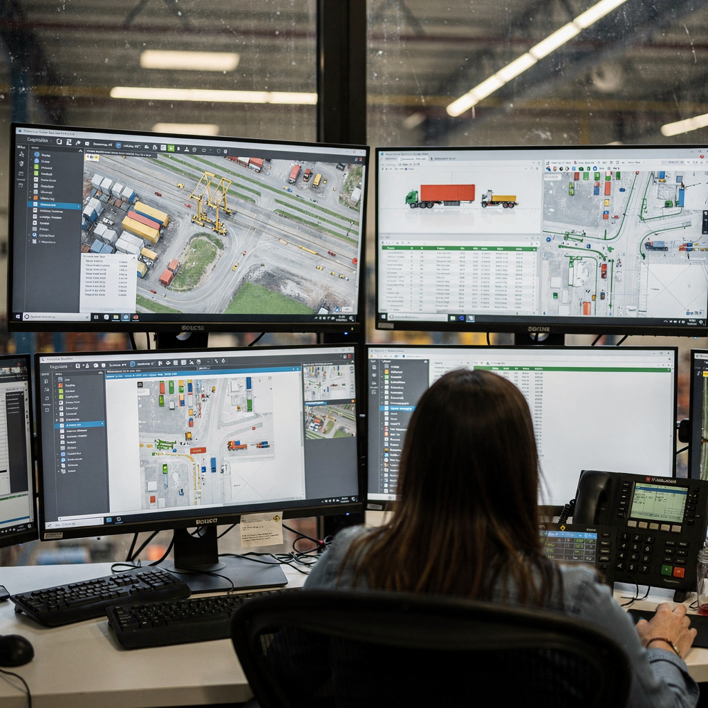 Terminal control room with real-time dashboards Close-up view of a terminal control room with operators viewing real-time dashboards, maps of yard operations, and analytics screens showing crane and truck movements, no people faces visible